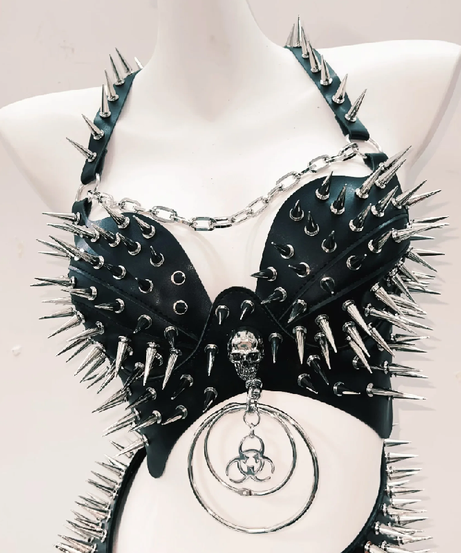 Fierce Spiked Faux Leather Bodysuit - Ultimate Halloween Rave & Goth Clubwear for Women