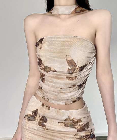 The Butterfly Effect Y2K Mesh Co-ord Set - Ruched Halter Top & Mini Skirt