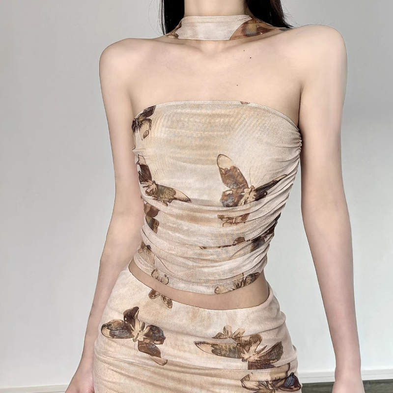 The Butterfly Effect Y2K Mesh Co-ord Set - Ruched Halter Top & Mini Skirt