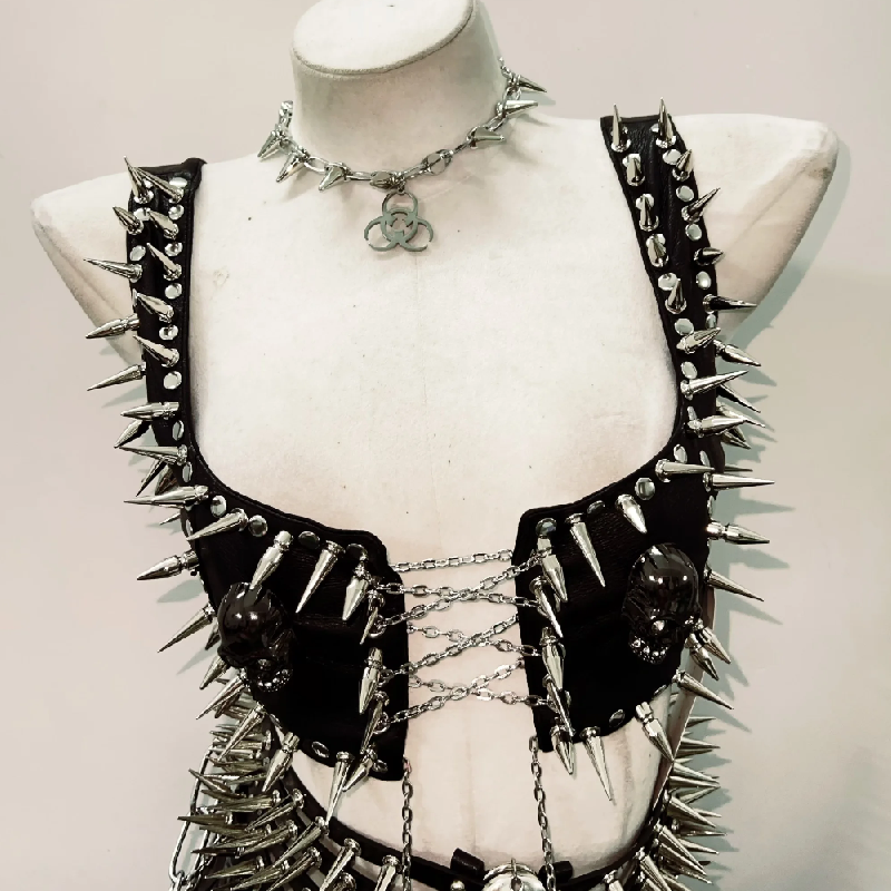 Fierce Spiked Skull Goth Rave Two-Piece Set - Your Ultimate Halloween & Concert Statement!