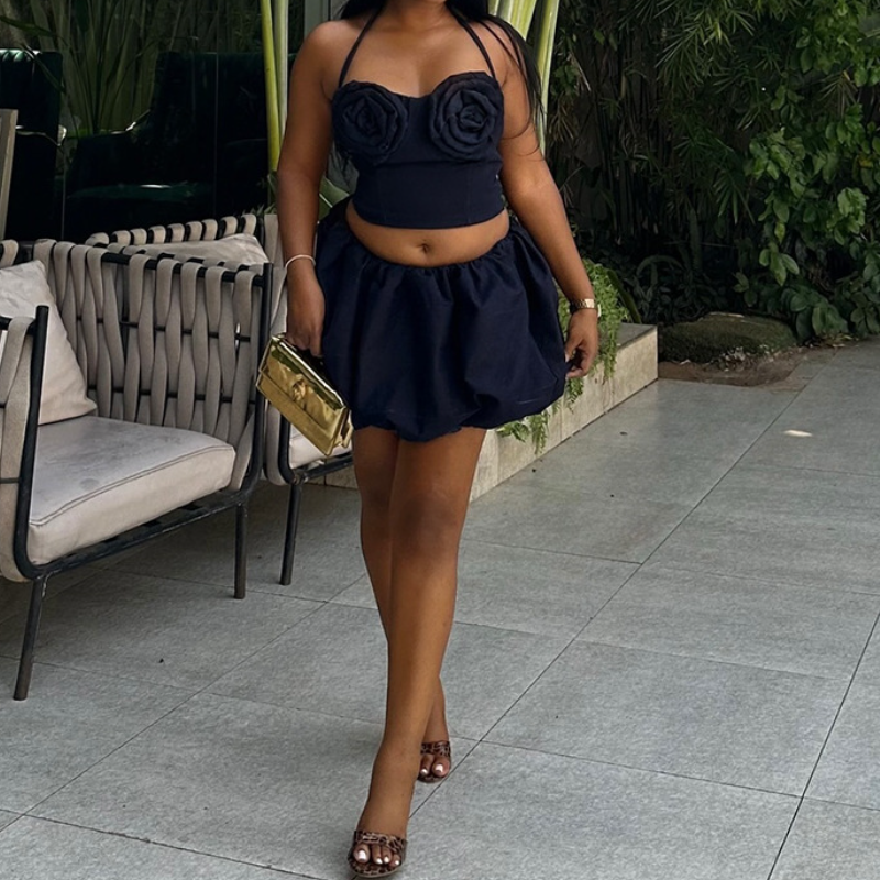 Chic Rose Applique Halter Crop Top & Bubble Mini Skirt Set - Fall Party Ready & Vacation Glam