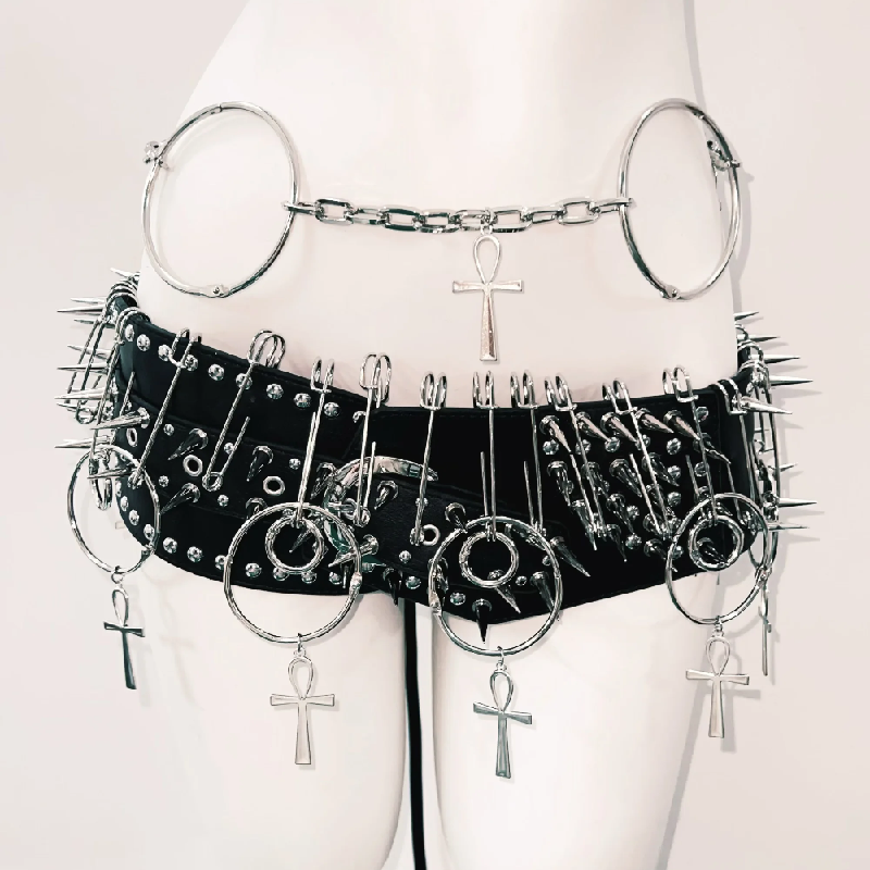 Spiked Ankh Gothcore Halloween Festival Two-Piece Set | Edgy Chain & O-Ring Outfit for American Women