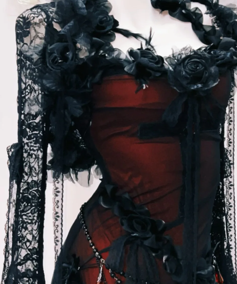 Enchanting Gothic Romance Maxi Dress: Bewitching Black Lace & Red Floral Gown for Halloween & Fall Galas