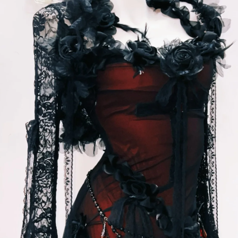 Enchanting Gothic Romance Maxi Dress: Bewitching Black Lace & Red Floral Gown for Halloween & Fall Galas