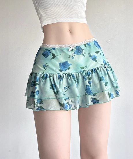 Y2K Coquette Blue Floral Ruffle Mini Skirt - Lace Trim & Bow Detail for Flirty Fall Style