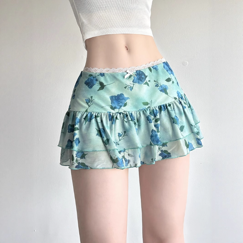 Y2K Coquette Blue Floral Ruffle Mini Skirt - Lace Trim & Bow Detail for Flirty Fall Style