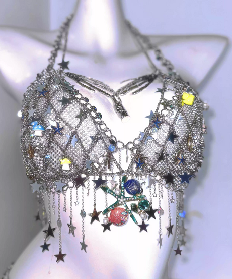 Celestial Siren Chainmail Halter Top – Whimsical Charms, Skeleton Hands & Star Tassels