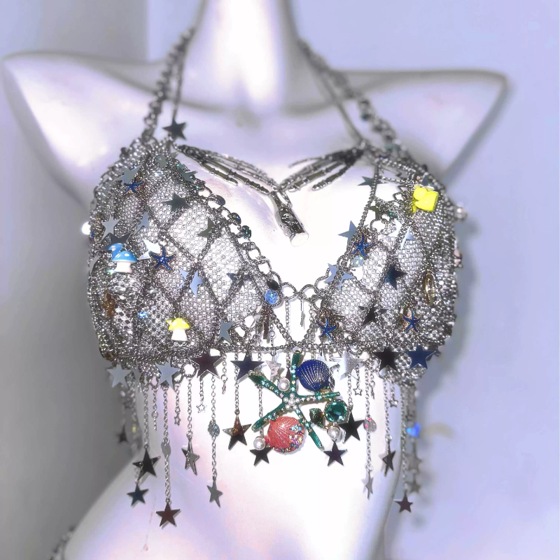 Celestial Siren Chainmail Halter Top – Whimsical Charms, Skeleton Hands & Star Tassels