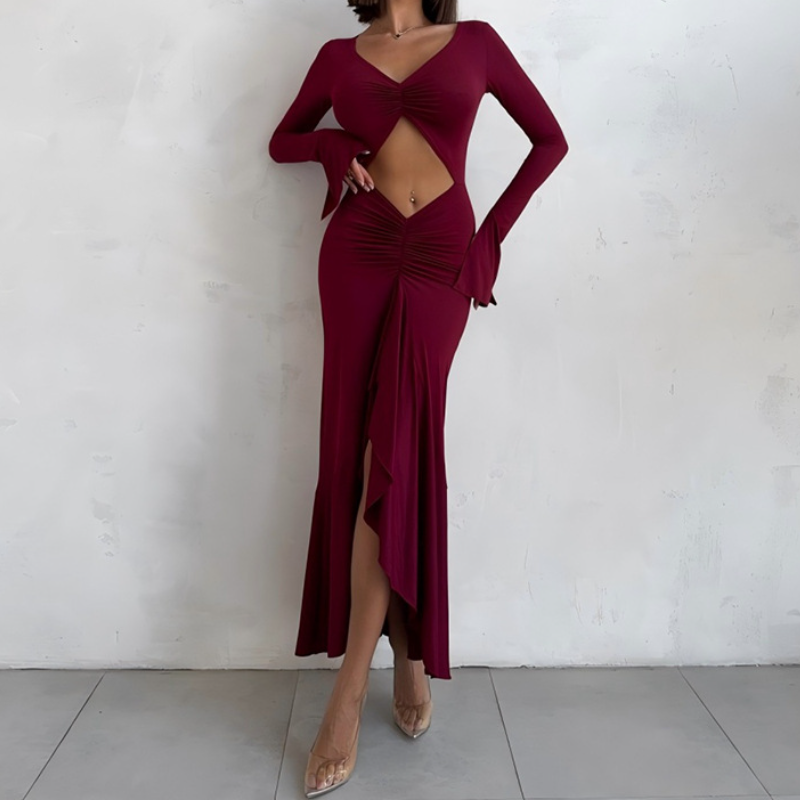 Daring Elegance: White Long Sleeve Ruched Cutout Maxi Dress | Fall & Holiday Event Ready