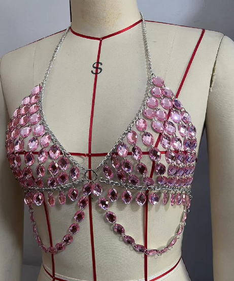 Dazzling Pink Rhinestone Chain Halter Top - The Ultimate Festival & Holiday Glam Statement
