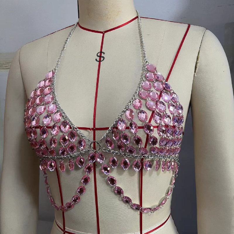 Dazzling Pink Rhinestone Chain Halter Top - The Ultimate Festival & Holiday Glam Statement