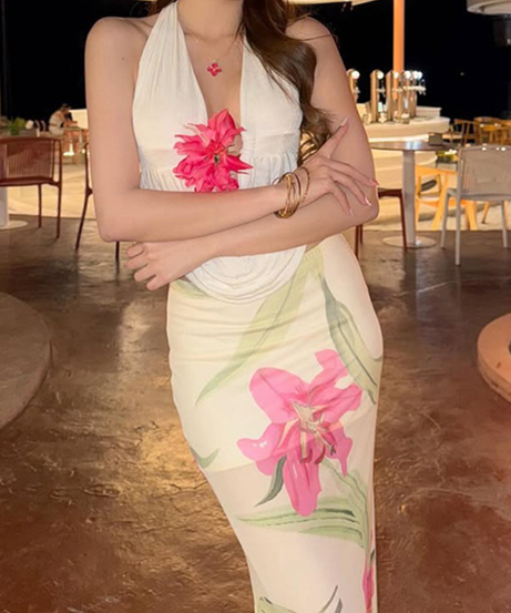 Vacation Vibe Halter Top: Draped V-Neck with 3D Floral Appliqué - Your Chic Winter Getaway Essential