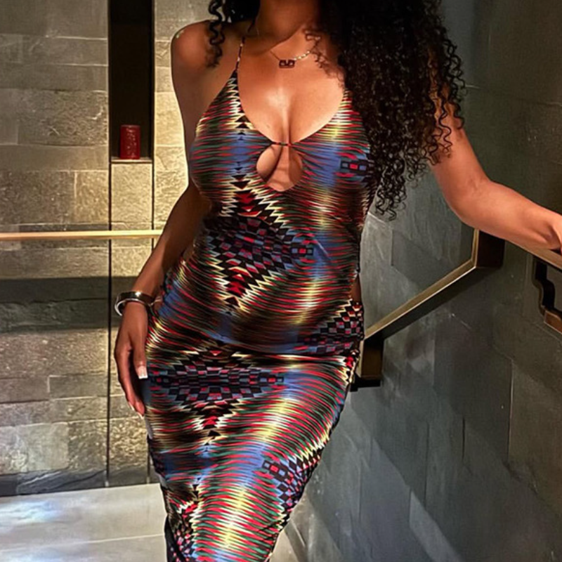 Vibrant Illusion Print Halter Maxi Dress – Chic Cut-Out for Fall & Holiday Parties