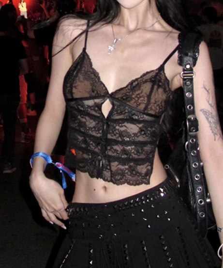 Midnight Allure Black Lace Cut-Out Cami Top – Edgy Fall Nights & Halloween Ready