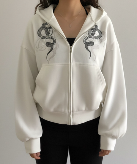 Cozy Core Serpent Rhinestone Full-Zip Hoodie for Women | Edgy Fall & Winter Street Style