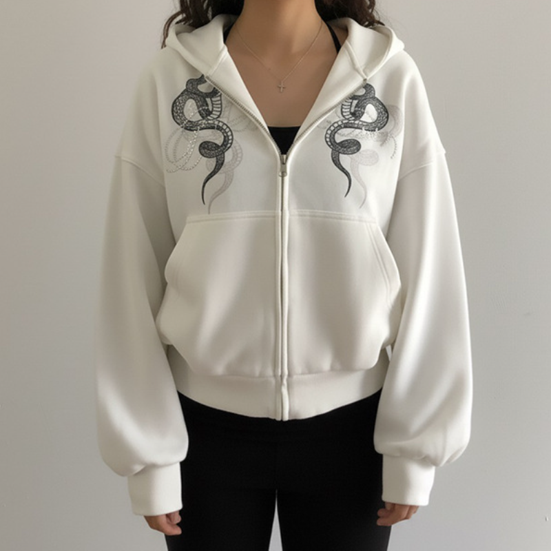 Cozy Core Serpent Rhinestone Full-Zip Hoodie for Women | Edgy Fall & Winter Street Style