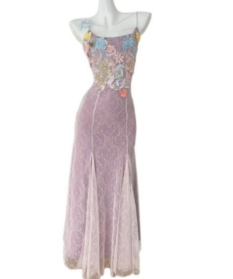 Romantic Lilac Lace Maxi Dress with 3D Floral Embroidery | Fall Wedding & Holiday Gala Ready