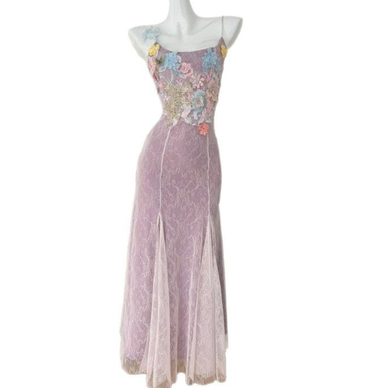 Romantic Lilac Lace Maxi Dress with 3D Floral Embroidery | Fall Wedding & Holiday Gala Ready