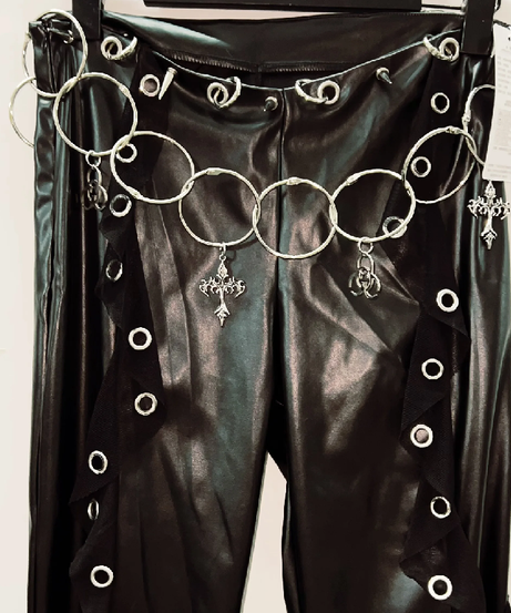 Rebel Heart Faux Leather O-Ring Flare Pants - Edgy Gothic Bell Bottoms with Cross Charms & Chain Belt for Fall & Halloween