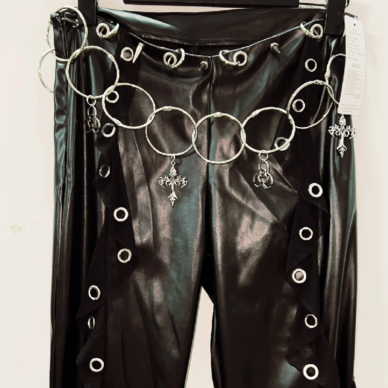 Rebel Heart Faux Leather O-Ring Flare Pants - Edgy Gothic Bell Bottoms with Cross Charms & Chain Belt for Fall & Halloween
