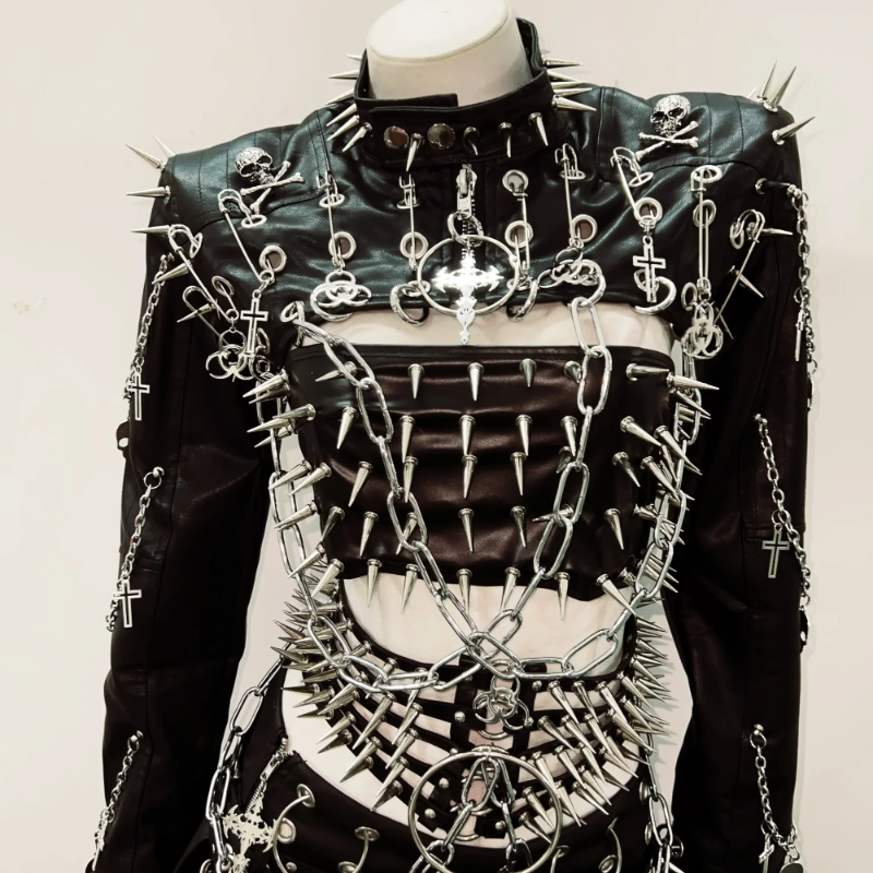 Unleash Your Inner Vixen: Extreme Spiked & Chained Gothic Punk PU Leather Set - Perfect for Halloween & Fall Festivals