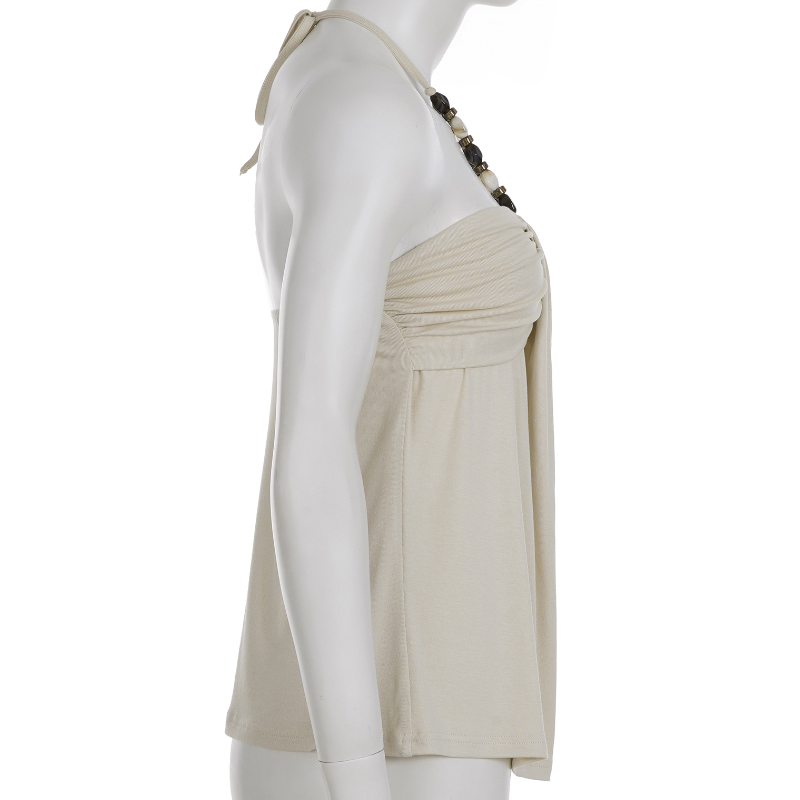 Effortless Boho Chic Halter Top for Women - Beaded Tie Neck & Ruched Comfort