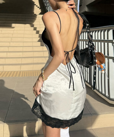 Effortless Edge: '74 Van Shift' Lace Trim Cami Mini Dress - Perfect for Fall Nights & Beyond