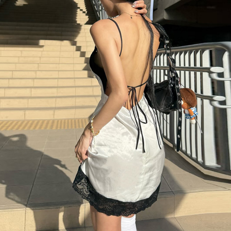 Effortless Edge: '74 Van Shift' Lace Trim Cami Mini Dress - Perfect for Fall Nights & Beyond