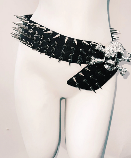 Unleash Your Inner Rebel: Women's Spiked Skull Goth Punk Halter Top & Mini Skirt Set – Your Ultimate Halloween, Rave & Festival Look!