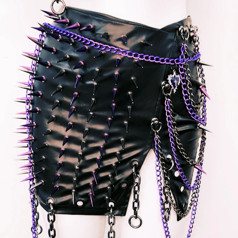 Fierce Spiked & Chained Goth Punk Faux Leather Crop Top & Slit Mini Skirt Set - Edgy Halloween & Rave Clubwear