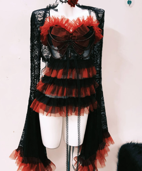 Vampire Vixen Ruffled Mini Dress with Lace Shrug – Halloween & Dark Romance Party Wear