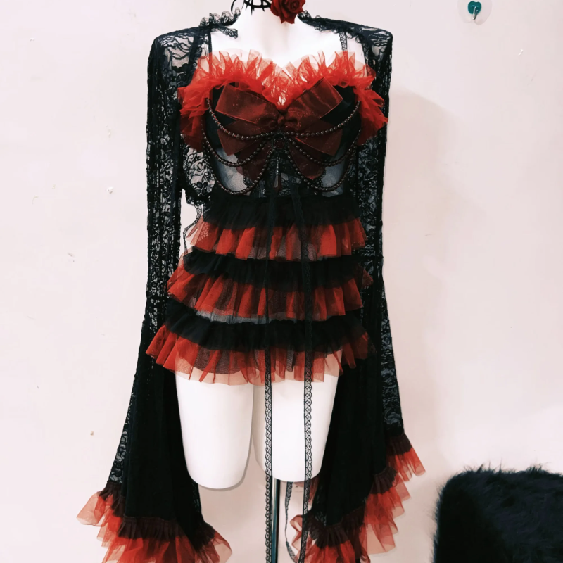 Vampire Vixen Ruffled Mini Dress with Lace Shrug – Halloween & Dark Romance Party Wear