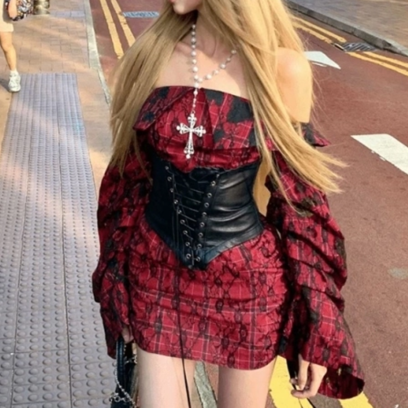 Off shoulder drawstring long sleeve corset mini dress