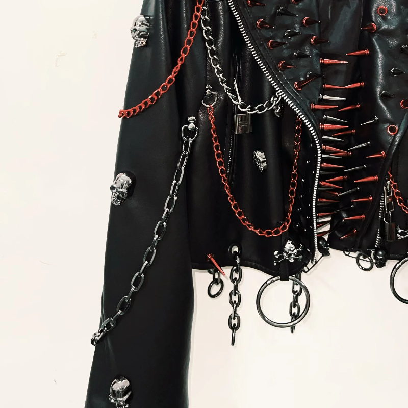Unleash Your Edge: Women's Spiked & Chained Skull PU Leather Jacket - Halloween & Fall Goth Punk Statement