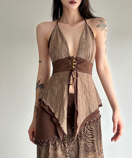 Boho Enchantress Halter Tiered Top - Autumn Festival & Y2K Style