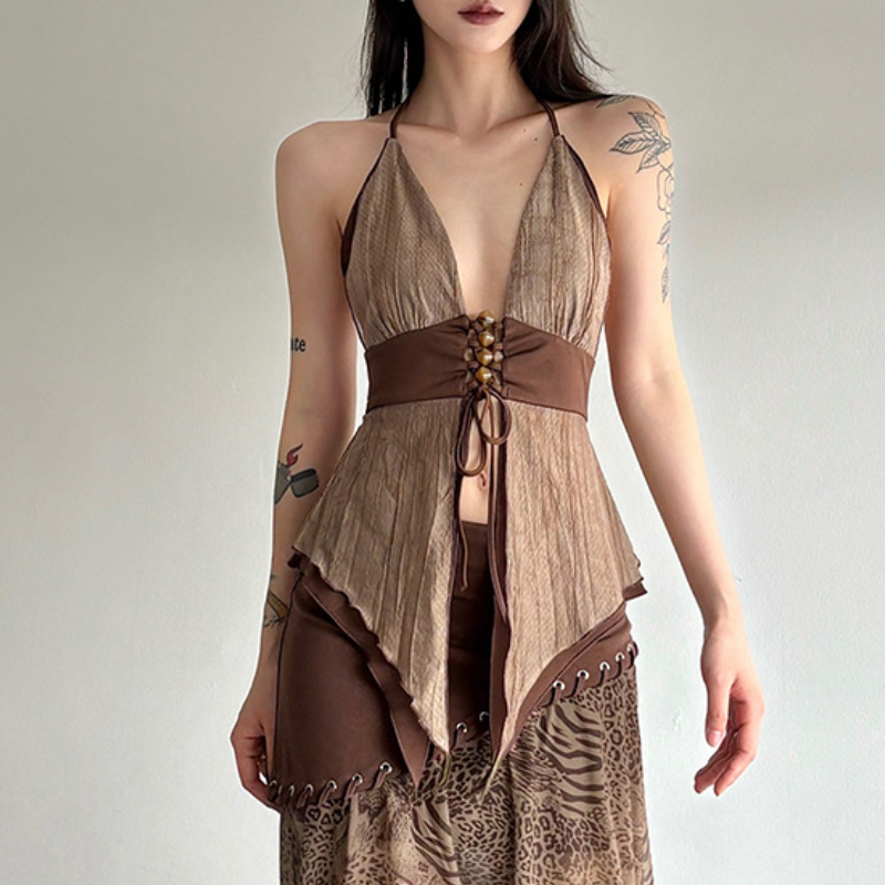 Boho Enchantress Halter Tiered Top - Autumn Festival & Y2K Style