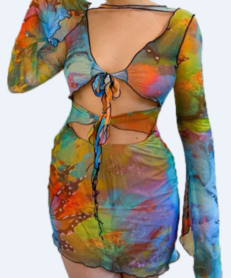 Daring Butterfly Oasis Cut-Out Mini Dress - Long Sleeve Y2K Party & Fall Festival Wear