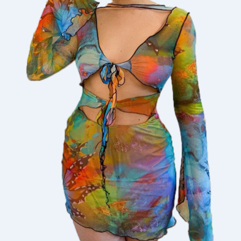 Daring Butterfly Oasis Cut-Out Mini Dress - Long Sleeve Y2K Party & Fall Festival Wear