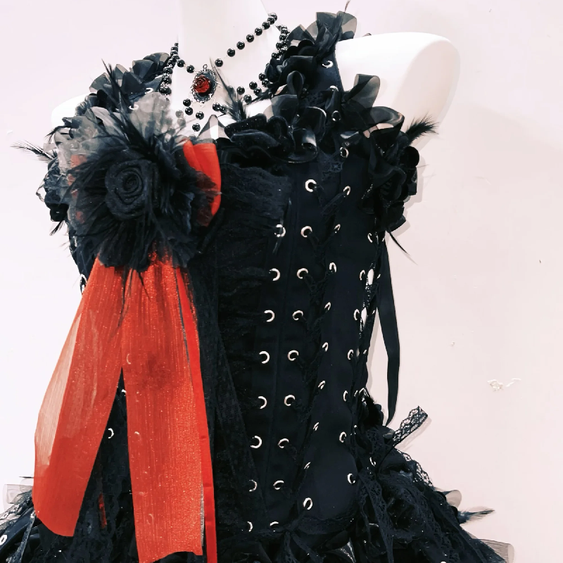 Enchanting Gothic Glamour Mini Dress | Lace-Up, Red Bow & Ruffles – Perfect for Halloween & Fall Events