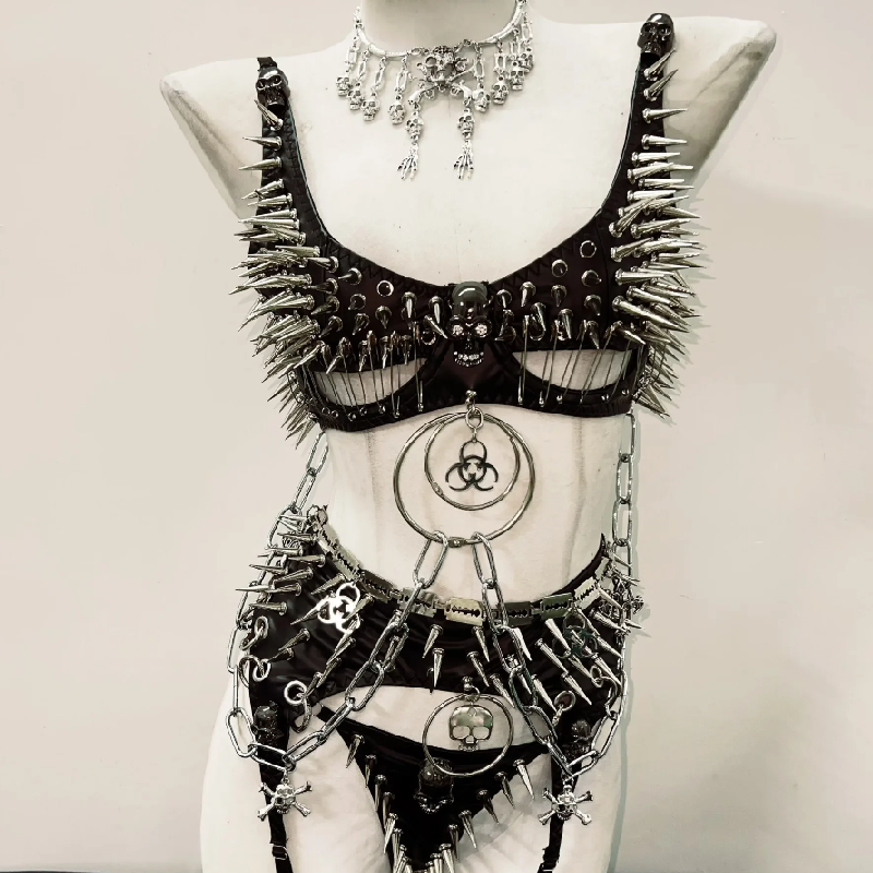 Unleash Your Dark Siren: Spiked & Chained Gothic Lingerie Set - Halloween & Festival Ready