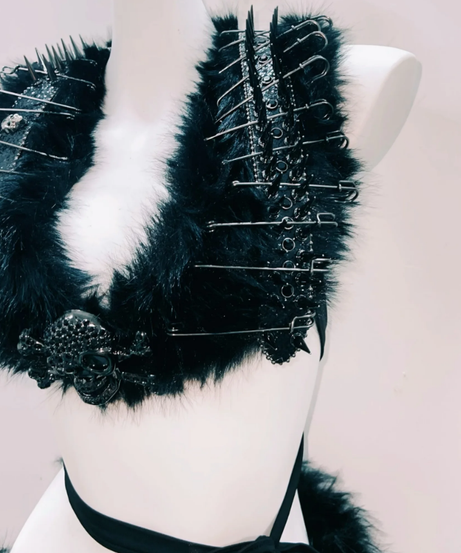 Unleash Your Inner Rebel: Spiked Fur & Skull Gothic Rave Outfit Set - Perfect for Halloween & Festivals