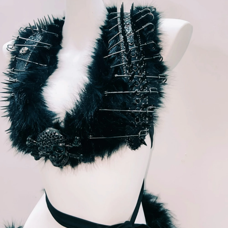 Unleash Your Inner Rebel: Spiked Fur & Skull Gothic Rave Outfit Set - Perfect for Halloween & Festivals