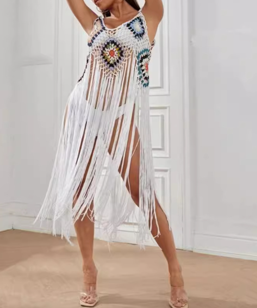 Vibrant Boho Crochet Fringe Maxi Dress - Chic Resort & Tropical Getaway Essential