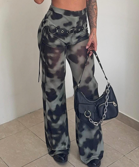 Ignite Y2K Vibes: Red & Black Leopard Mesh Flare Pants - Sheer Statement for Fall Parties & Halloween