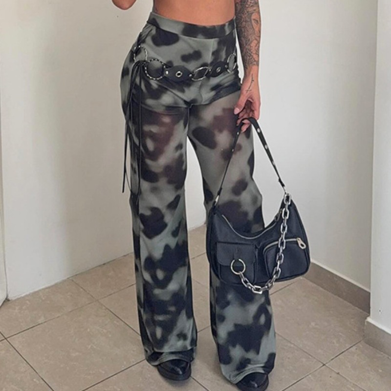 Ignite Y2K Vibes: Red & Black Leopard Mesh Flare Pants - Sheer Statement for Fall Parties & Halloween