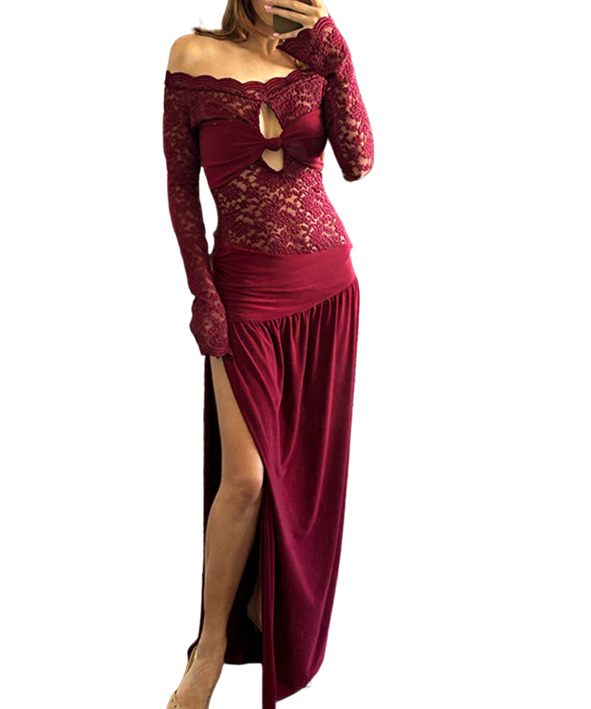 Radiant Pink Lace Off-Shoulder Maxi Dress with Bow Detail - Your Statement Piece for Fall & Holiday Parties