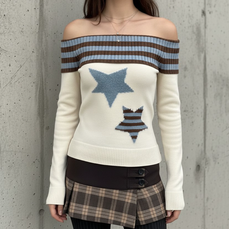 Chic Star & Stripe Off-Shoulder Knit Top - Your Ultimate Fall Fashion Essential
