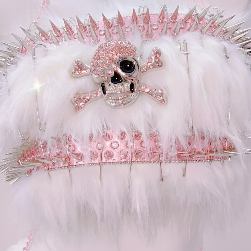 Pink Spiked Skull Fluffy Rave Set - Halloween & Y2K Party Queen Two-Piece