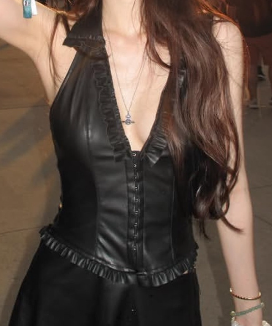 Chic Faux Leather Ruffle Halter Top | Corset Style for Fall Nights & Holiday Parties