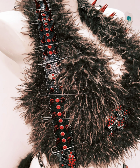 Rebellious Spiked Faux Fur Two-Piece Set: Goth Skull Crop Top & Mini Skirt for Halloween & Raves